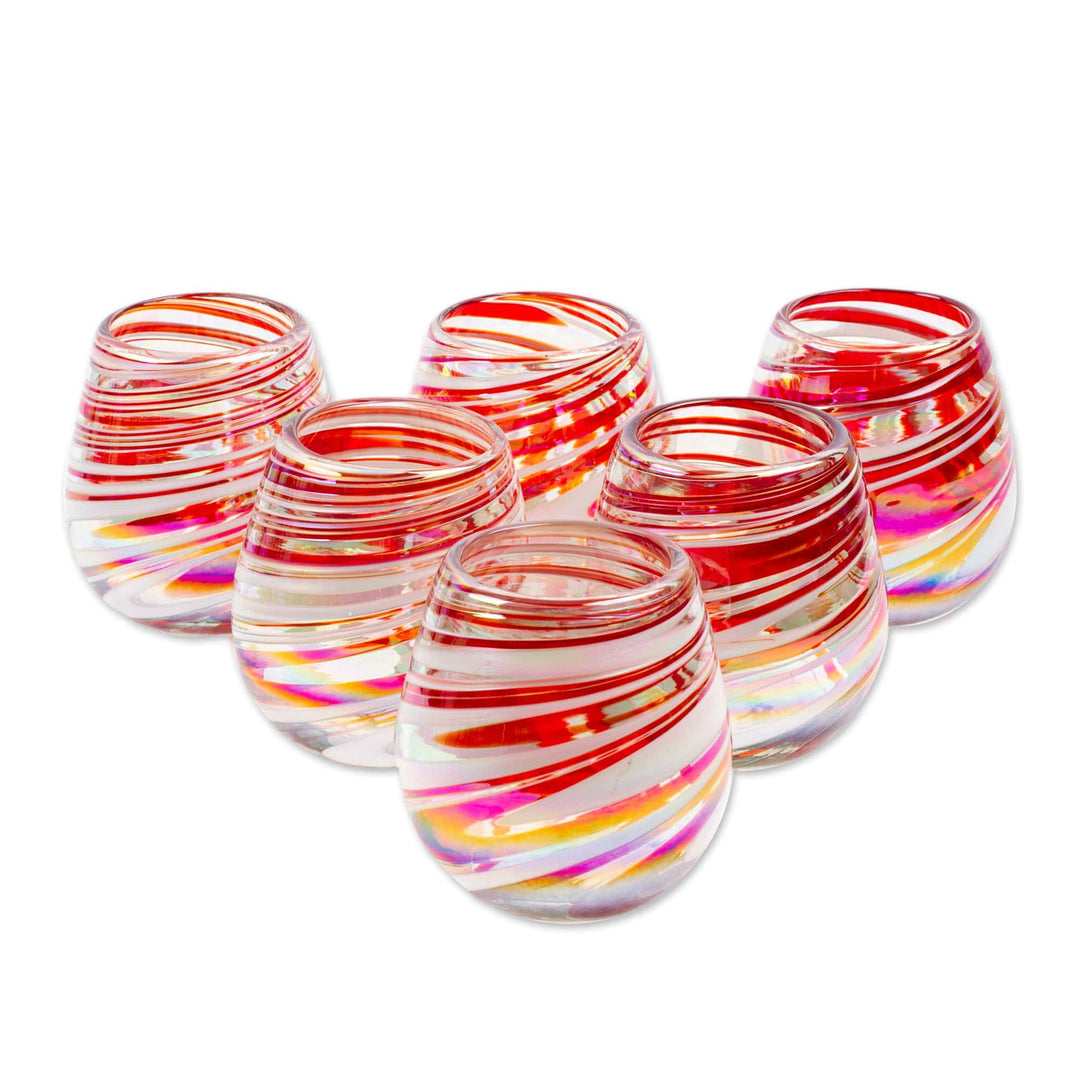 Set of 6 Eco-Friendly Red Handblown Stemless Wine Glasses - Tropical Swirl
