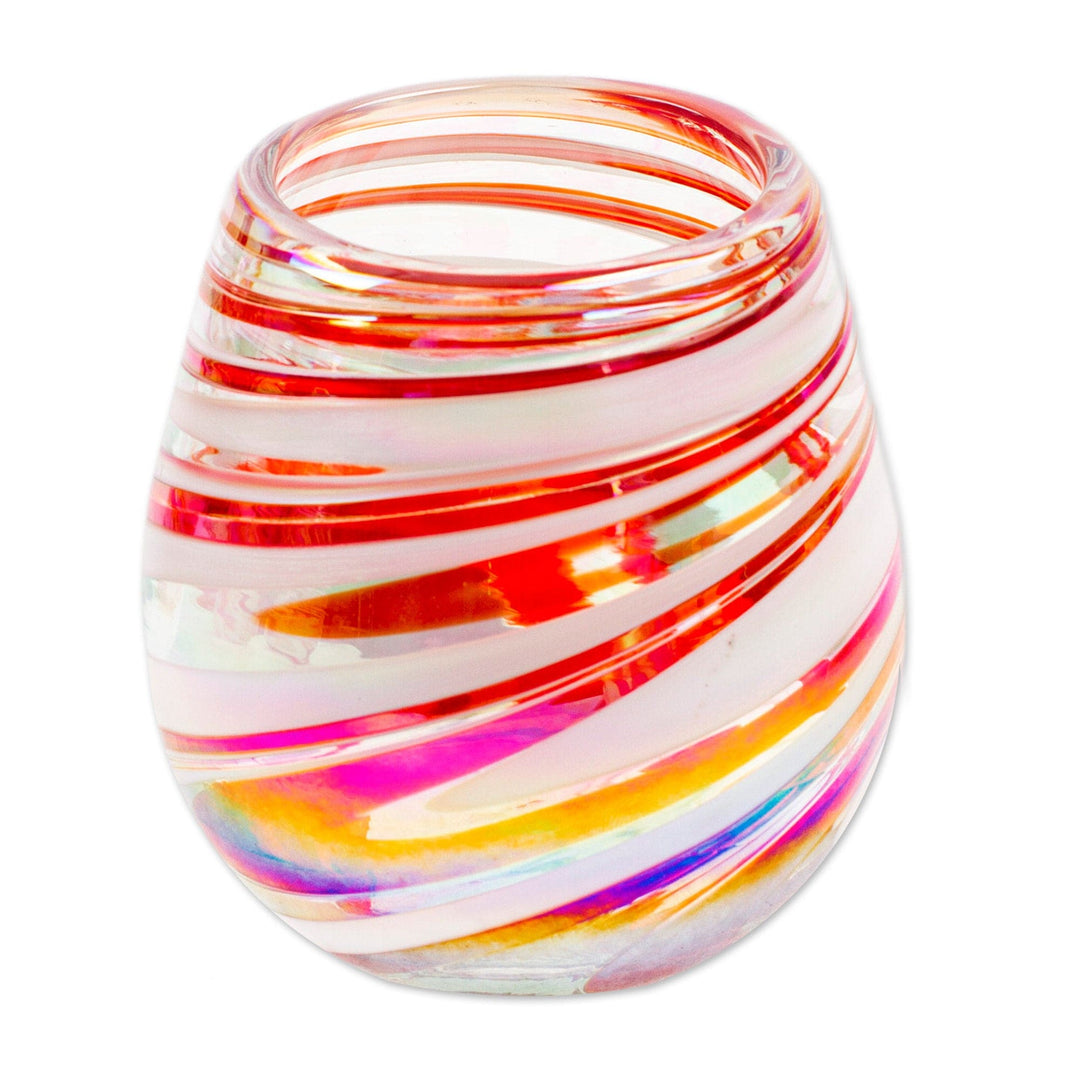 Set of 6 Eco-Friendly Red Handblown Stemless Wine Glasses - Tropical Swirl