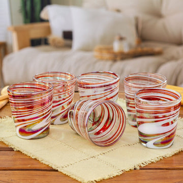 Set of 6 Eco-Friendly Red Handblown Rock Glasses - Tropical Swirl