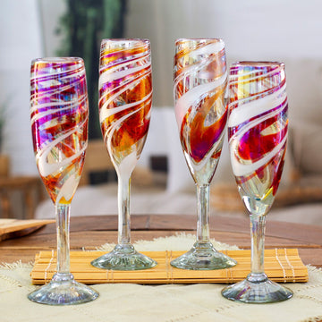 Set of 4 Eco-Friendly Red Handblown Glass Champagne Flutes - Tropical Swirl