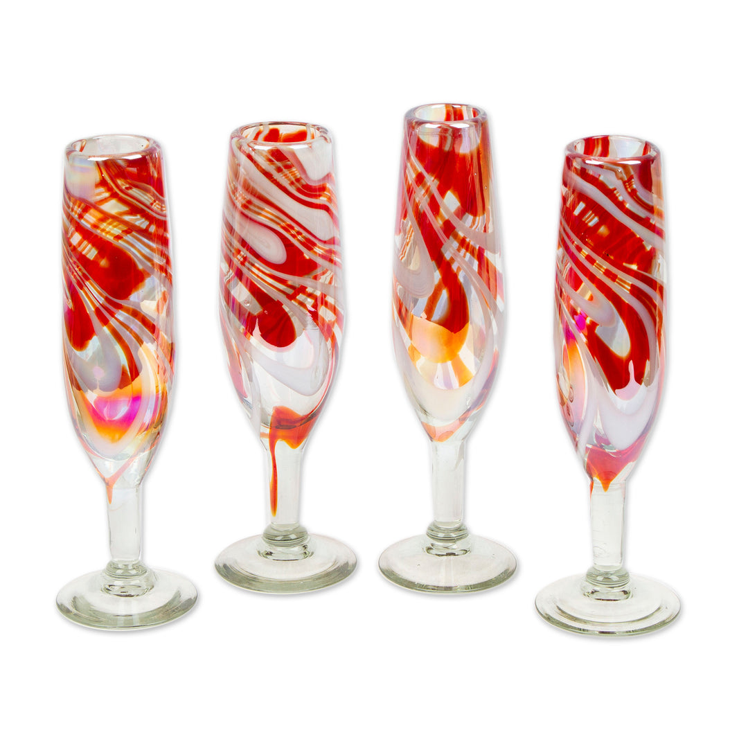 Set of 4 Eco-Friendly Red Handblown Champagne Flutes - Glamour Enchantment
