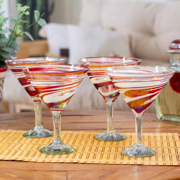 Set of 4 Eco-Friendly Red Handblown Martini Glasses - Tropical Swirl