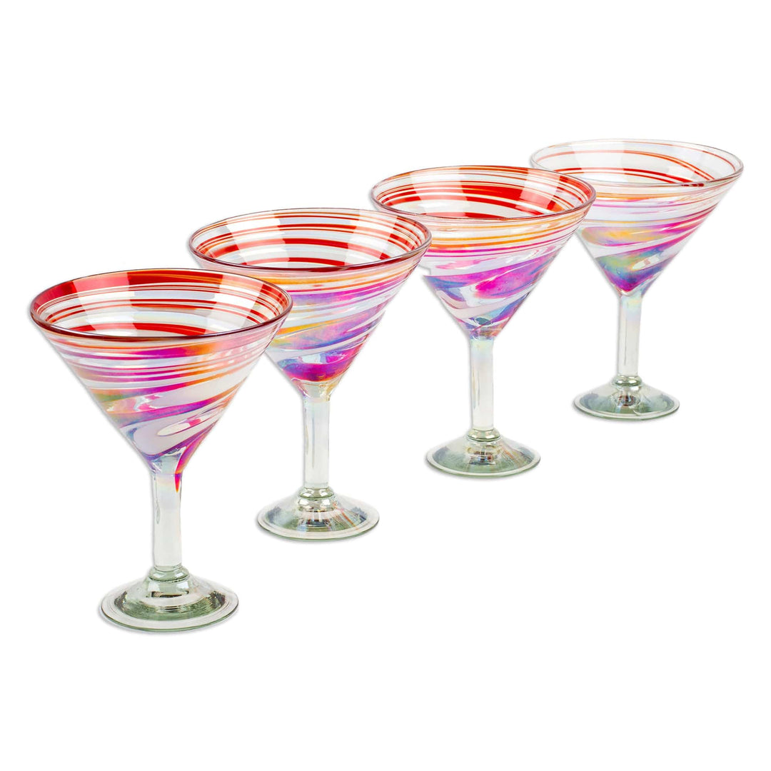 Set of 4 Eco-Friendly Red Handblown Martini Glasses - Tropical Swirl