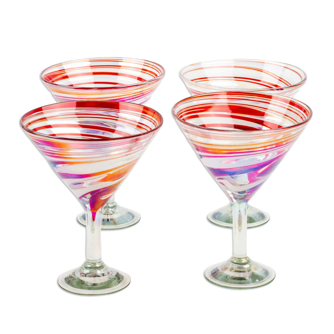 Set of 4 Eco-Friendly Red Handblown Martini Glasses - Tropical Swirl