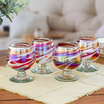 Set of 4 Eco-Friendly Red Handblown Glass Goblets - Tropical Swirl