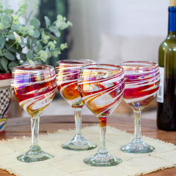 Set of 4 Eco-Friendly Red Handblown Wine Glasses - Tropical Swirl