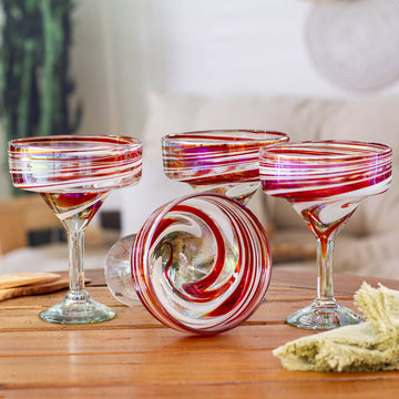 Set of 4 Eco-Friendly Red Handblown Margarita Glasses - Tropical Swirl