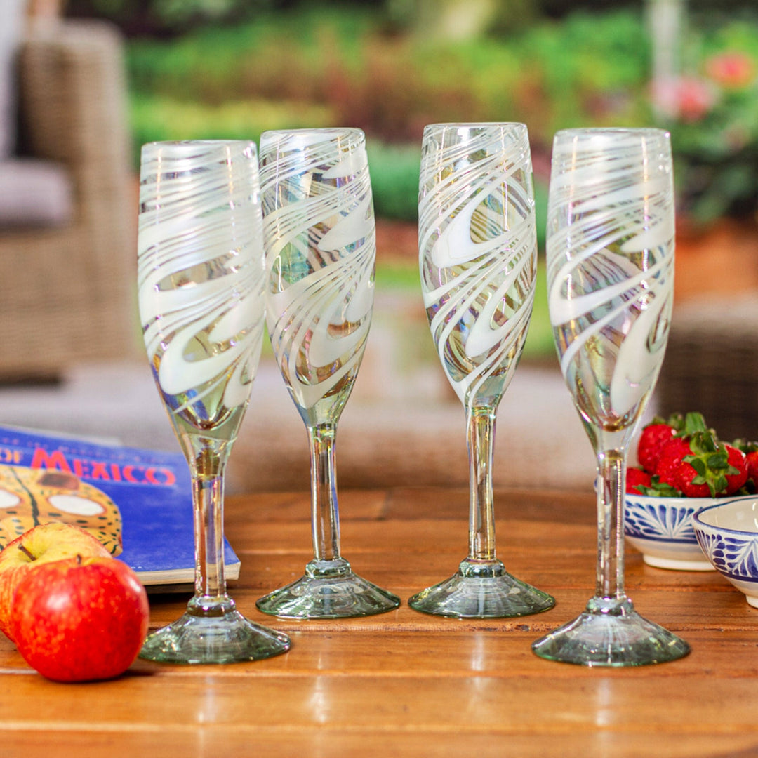 Set of 4 White Handblown Champagne Glass Flutes from Mexico - White Gala