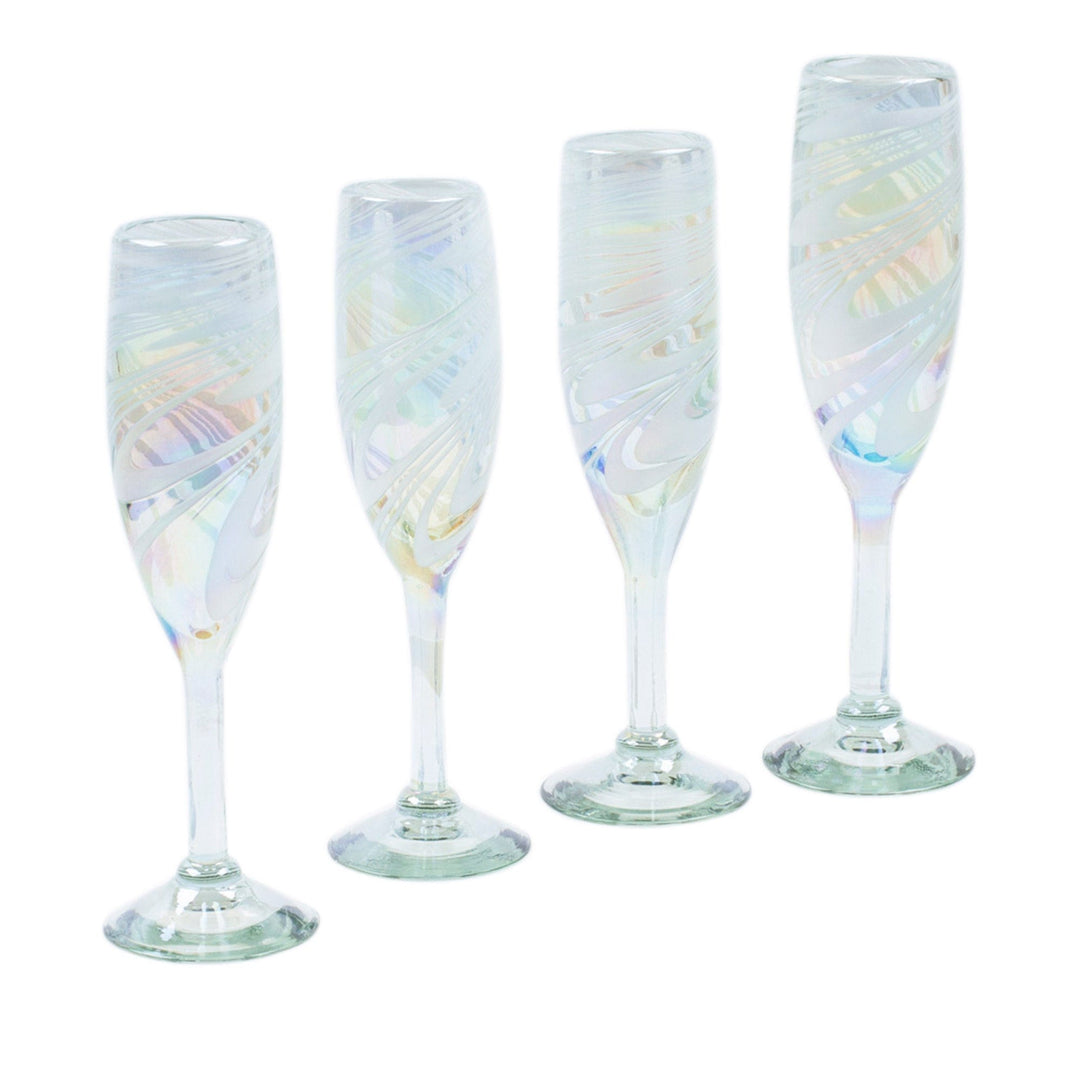 Set of 4 White Handblown Champagne Glass Flutes from Mexico - White Gala