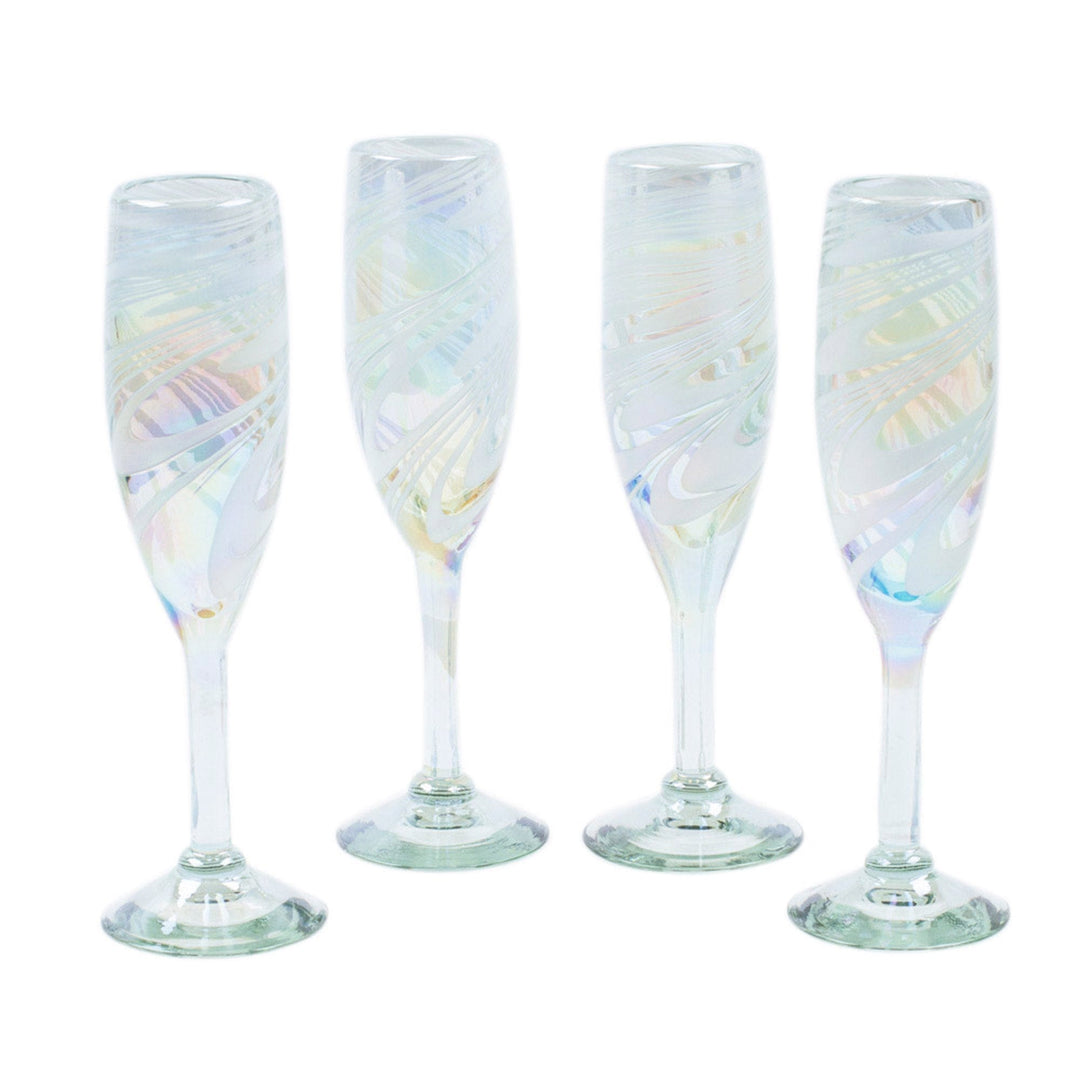 Set of 4 White Handblown Champagne Glass Flutes from Mexico - White Gala