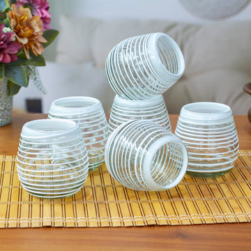 Set of 6 Stemless Wine Glasses Handblown from Recycled Glass - White Spirals