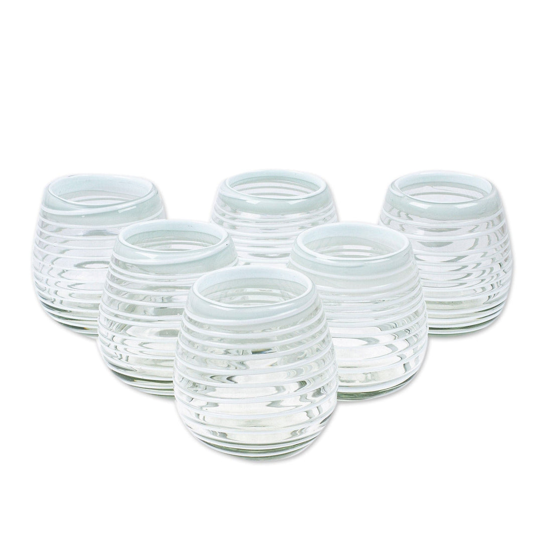 Set of 6 Stemless Wine Glasses Handblown from Recycled Glass - White Spirals