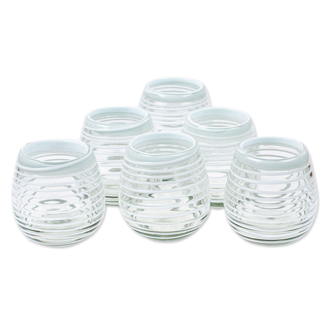 Set of 6 Stemless Wine Glasses Handblown from Recycled Glass - White Spirals