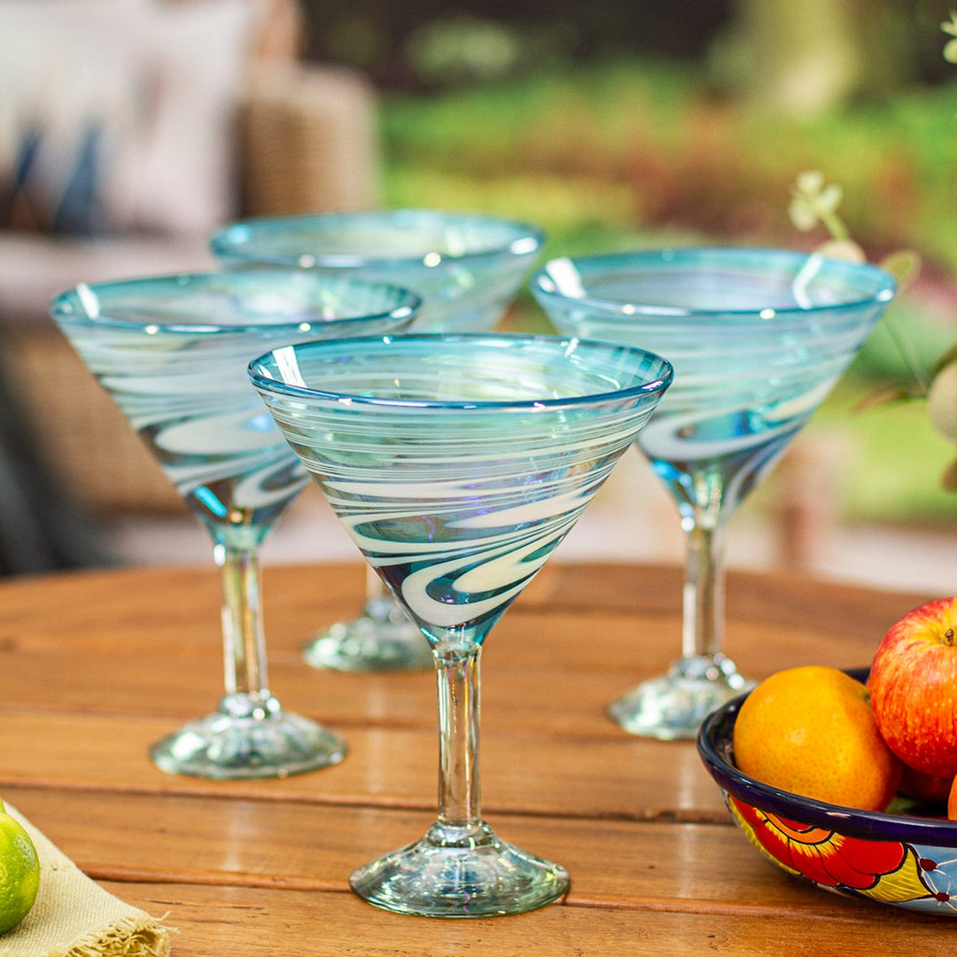 Set of 4 Turquoise and White Martini Glasses from Mexico - Waves of Glamour