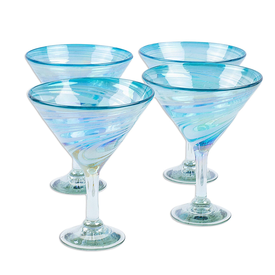 Set of 4 Turquoise and White Martini Glasses from Mexico - Waves of Glamour