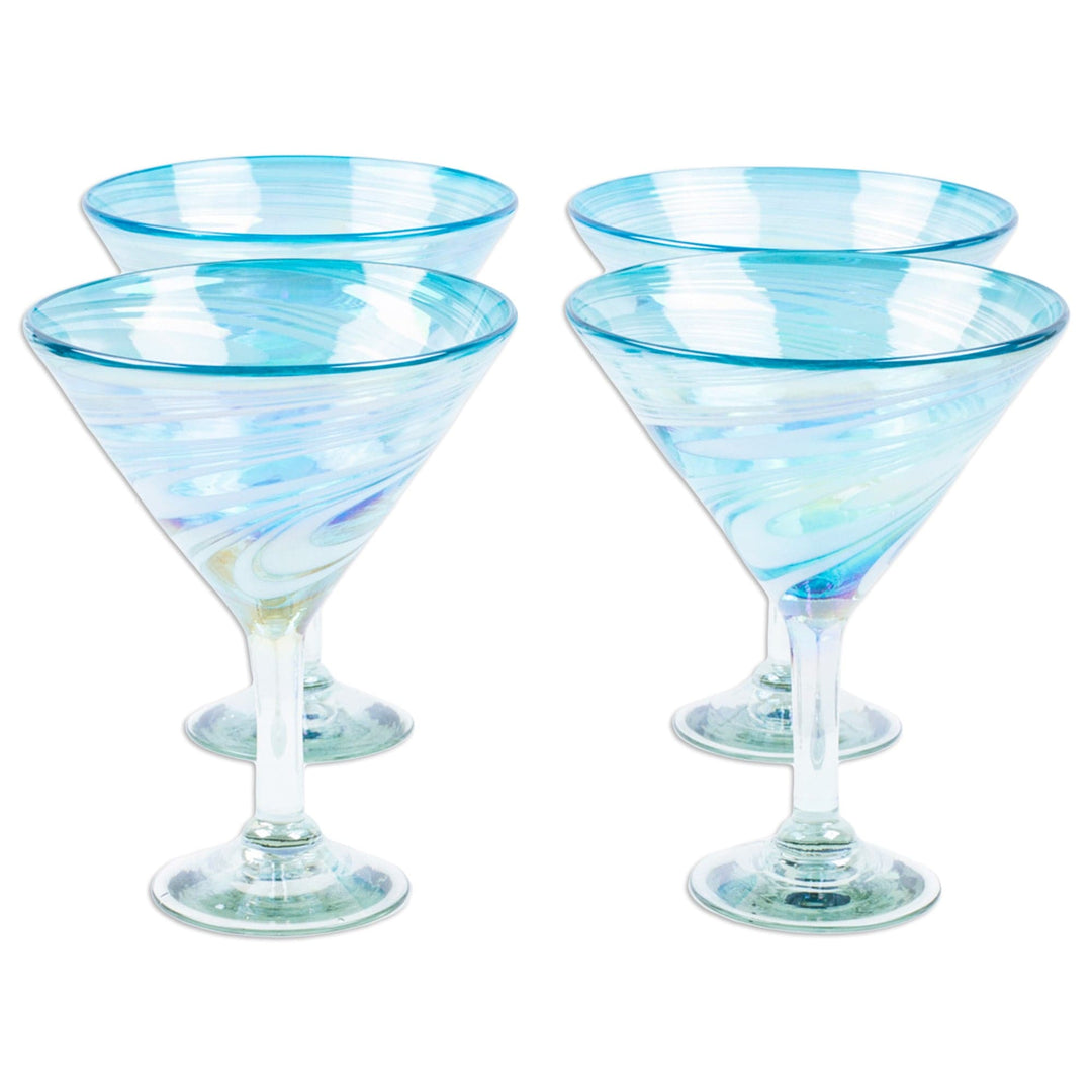 Set of 4 Turquoise and White Martini Glasses from Mexico - Waves of Glamour