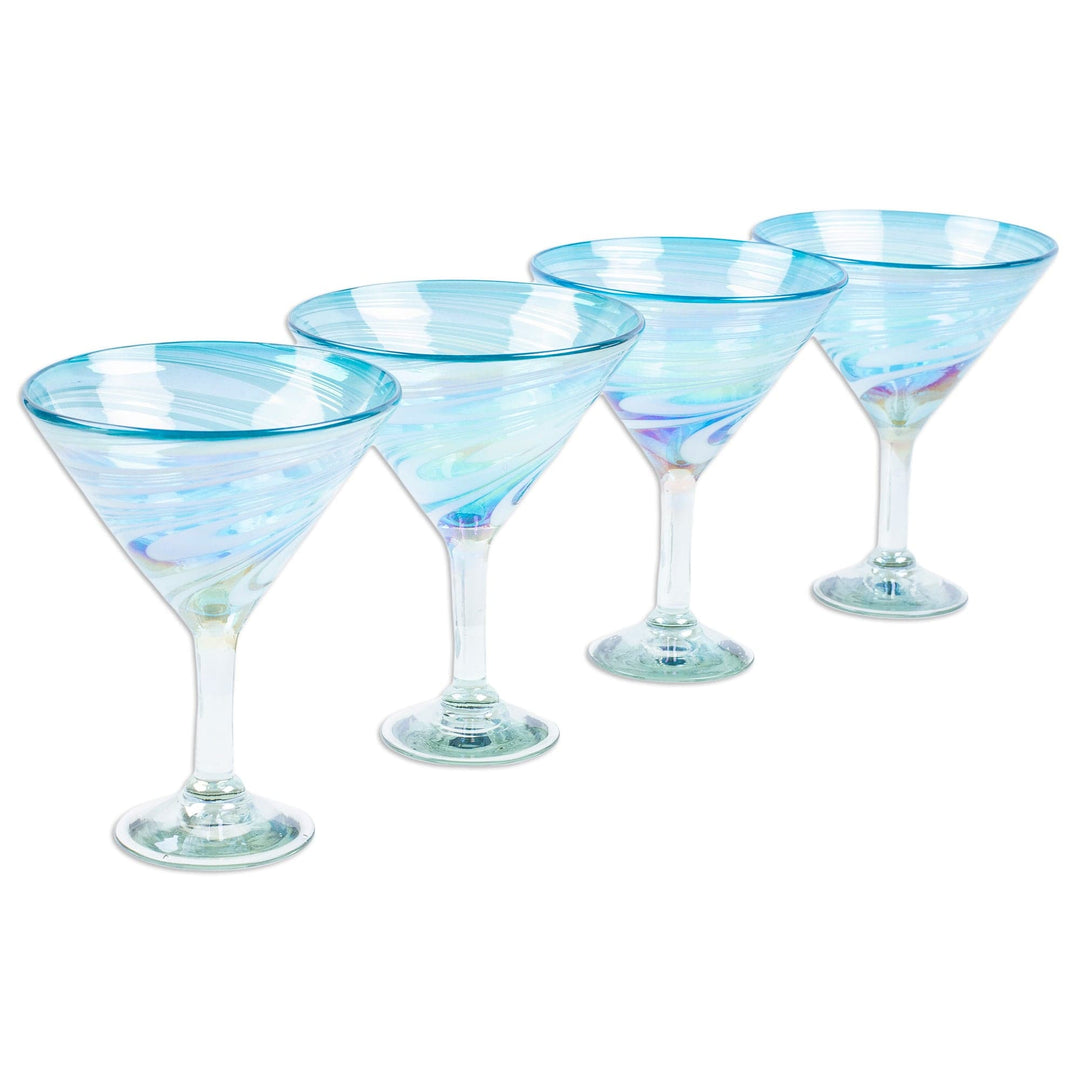 Set of 4 Turquoise and White Martini Glasses from Mexico - Waves of Glamour