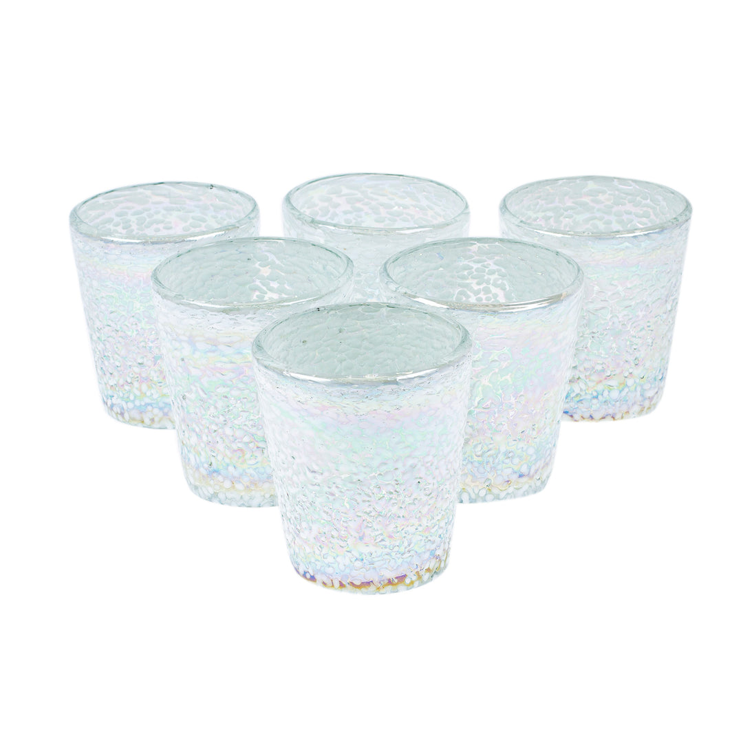 6 Frosted Iridescent Tumblers Handblown from Recycled Glass - Blizzard