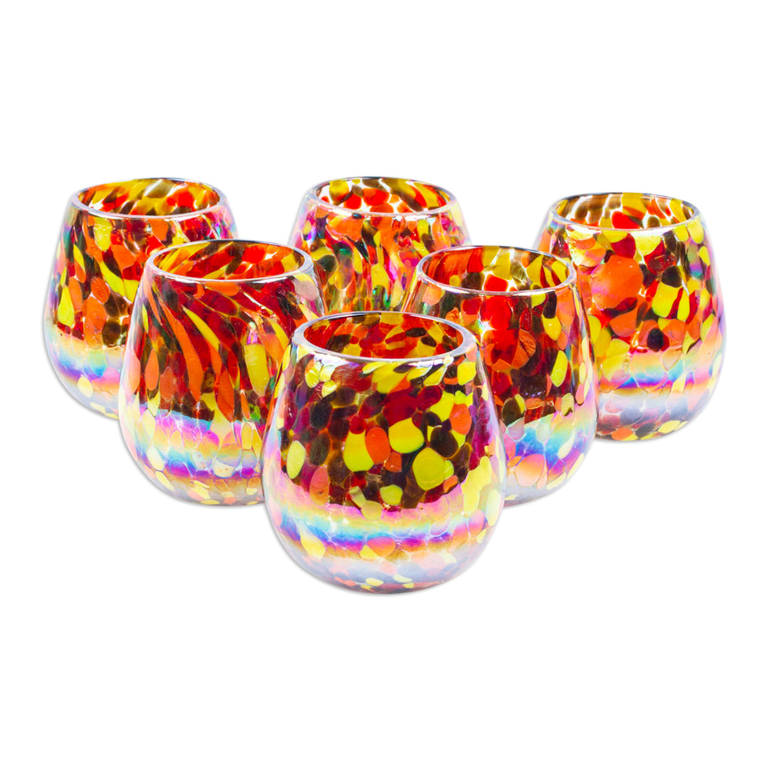 Set of 6 Multicolor Handblown Stemless Wine Glasses - Carnival