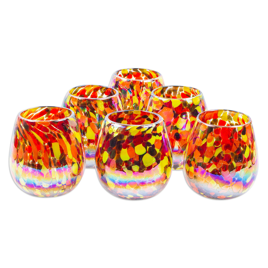Set of 6 Multicolor Handblown Stemless Wine Glasses - Carnival