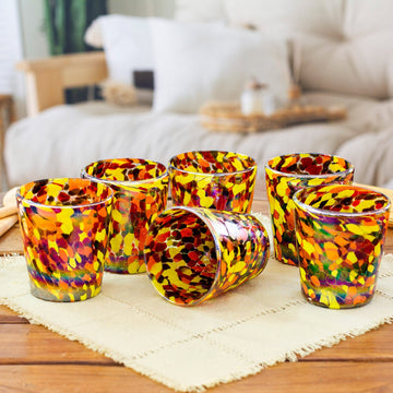 Set of 6 Multicolored Tumblers Handblown from Recycled Glass - Bright Confetti