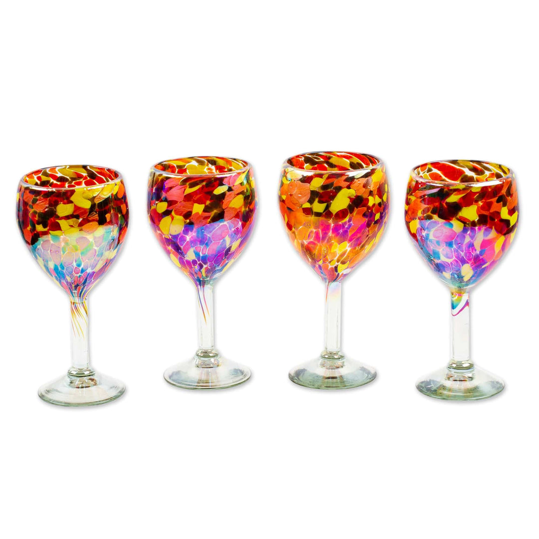 Set of 4 Colorful Wine Glasses Handblown from Recycled Glass - Bright Confetti