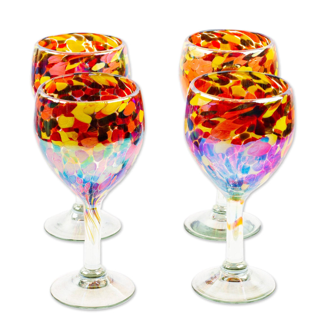 Set of 4 Colorful Wine Glasses Handblown from Recycled Glass - Bright Confetti