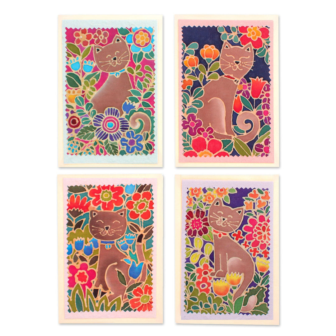 Batik Cotton and Paper Cat Greeting Cards (Set of 4) - Blooming Felines