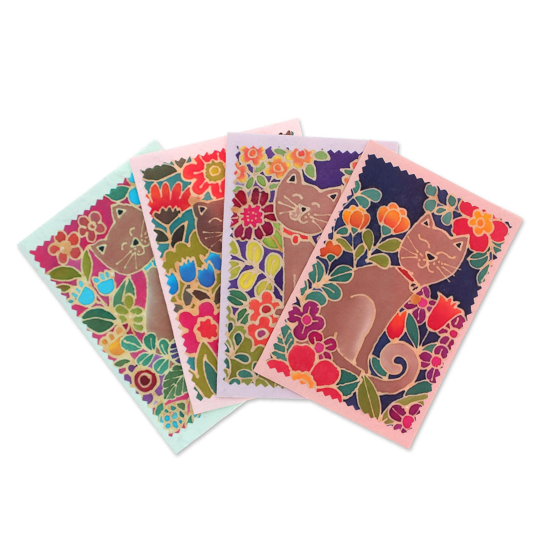 Batik Cotton and Paper Cat Greeting Cards (Set of 4) - Blooming Felines
