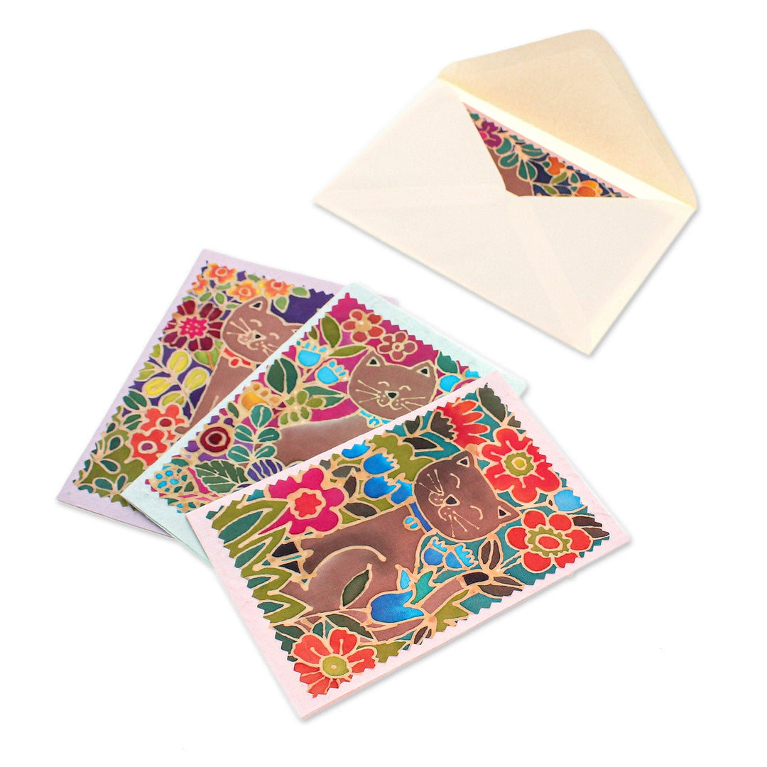 Batik Cotton and Paper Cat Greeting Cards (Set of 4) - Blooming Felines