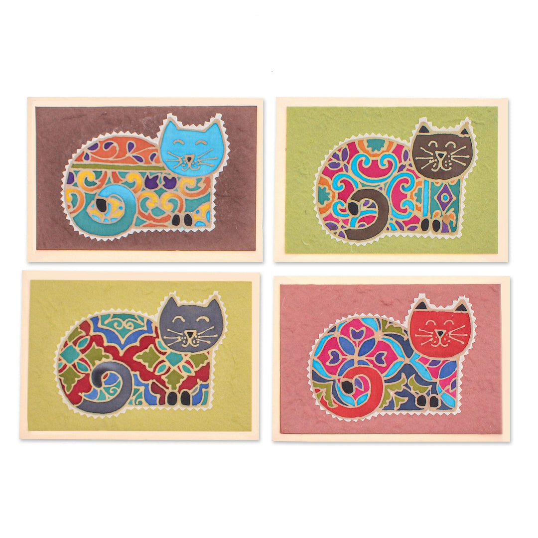 Batik Cotton and Paper Cat Greeting Cards (Set of 4) - Merry Kittens