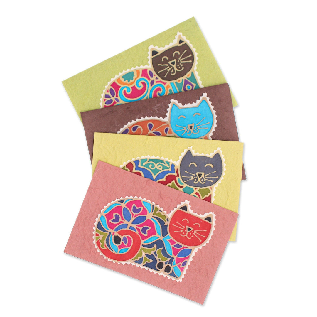 Batik Cotton and Paper Cat Greeting Cards (Set of 4) - Merry Kittens