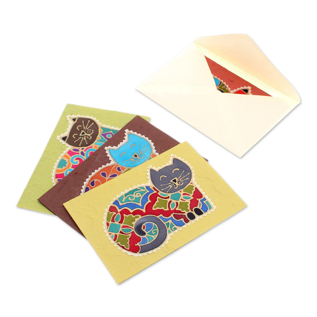 Batik Cotton and Paper Cat Greeting Cards (Set of 4) - Merry Kittens