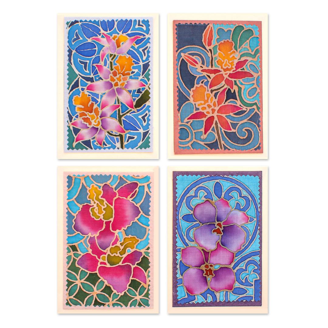 Set of 4 Batik Cotton and Paper Orchid Greeting Cards - Intense Orchids
