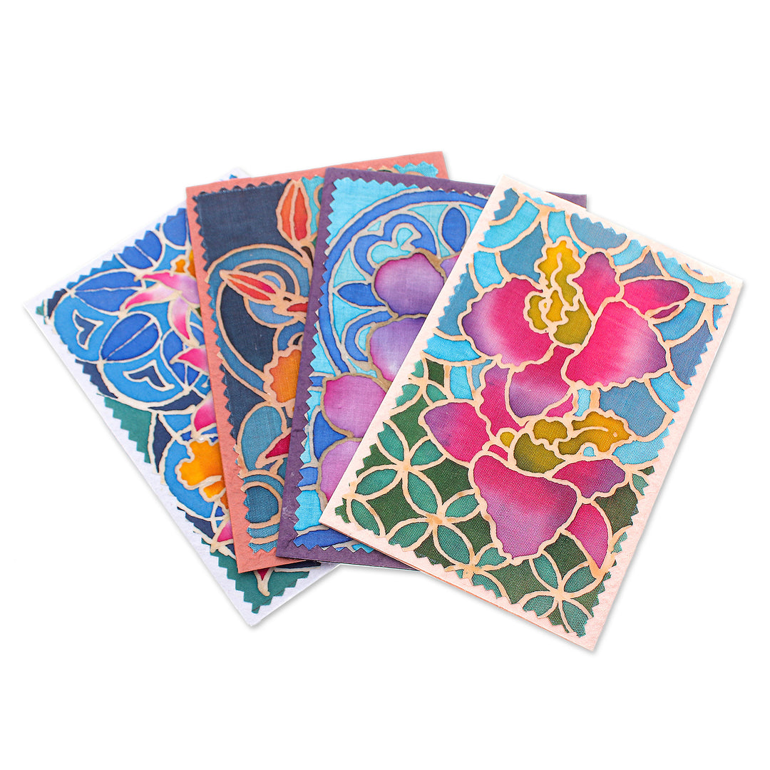 Set of 4 Batik Cotton and Paper Orchid Greeting Cards - Intense Orchids