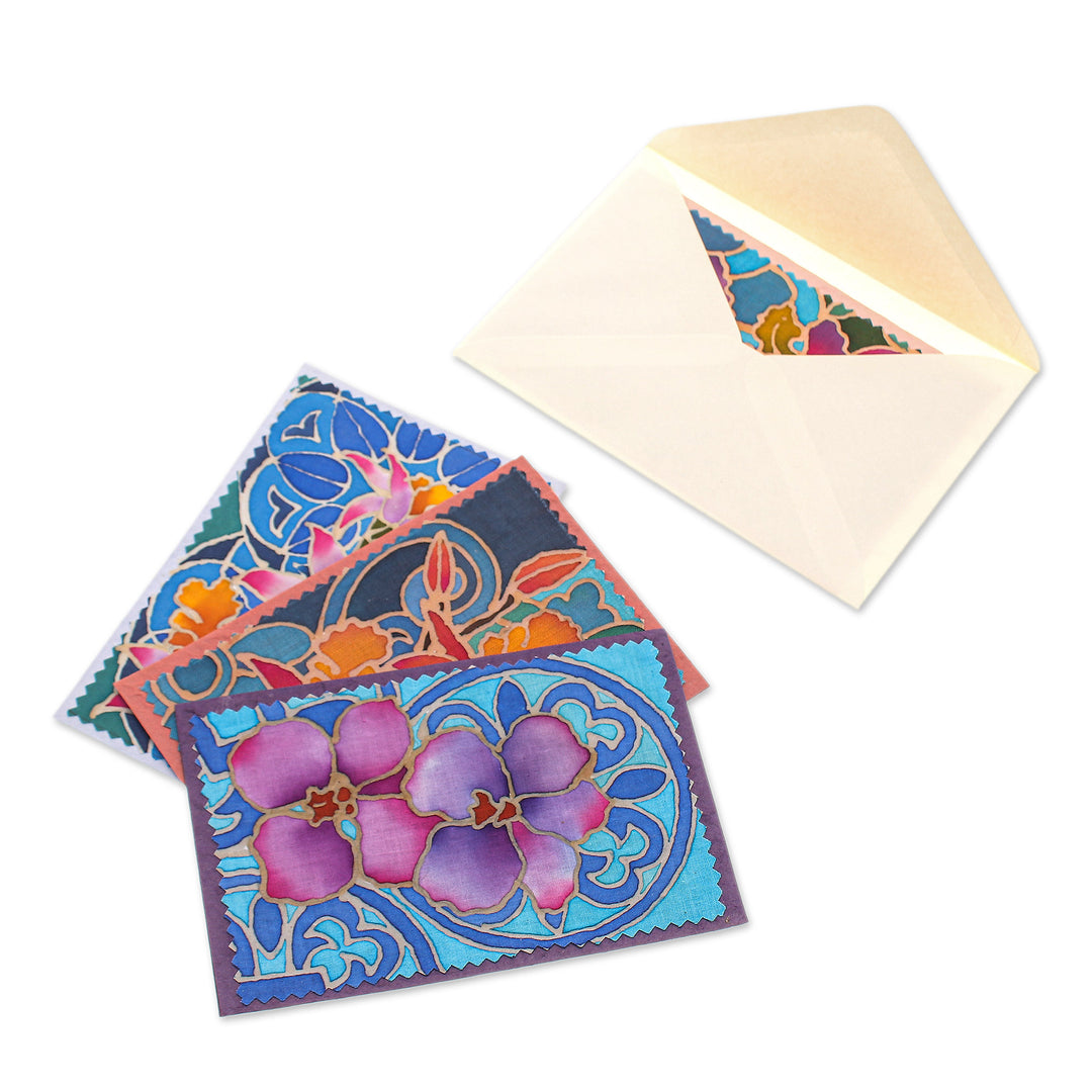 Set of 4 Batik Cotton and Paper Orchid Greeting Cards - Intense Orchids