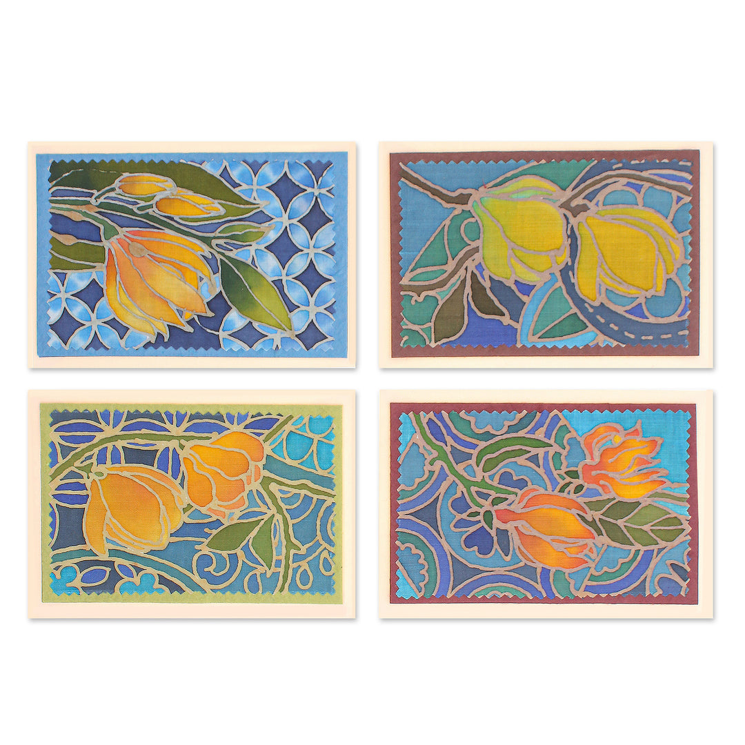 Handcrafted Batik Floral Greeting Cards (Set of 4) - Flourishing Thailand