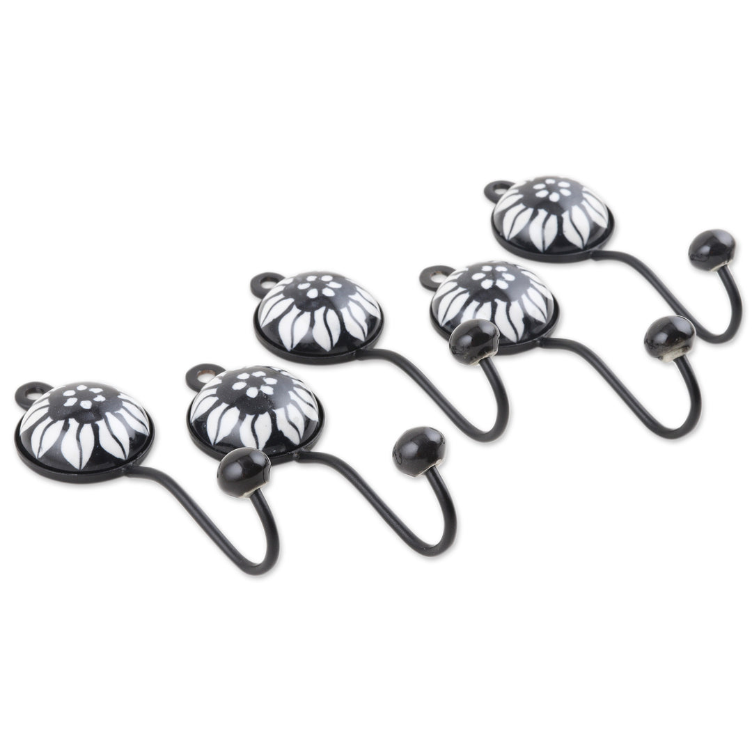 Set of 5 Ceramic Coat Hooks with Hand-Painted Floral Details - Night Blooming