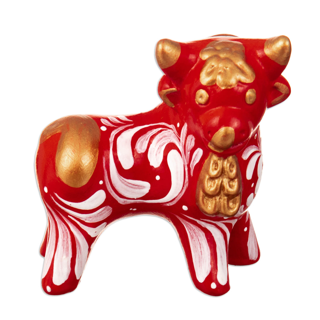 Traditional Andean Handcrafted Ceramic Bull Sculpture in Red - Red Guardian of the Andes