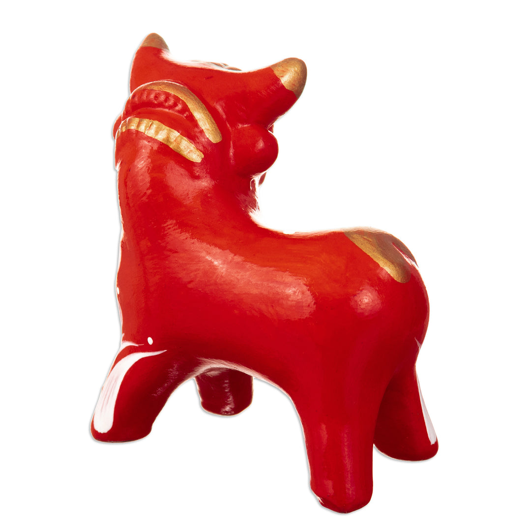 Traditional Andean Handcrafted Ceramic Bull Sculpture in Red - Red Guardian of the Andes
