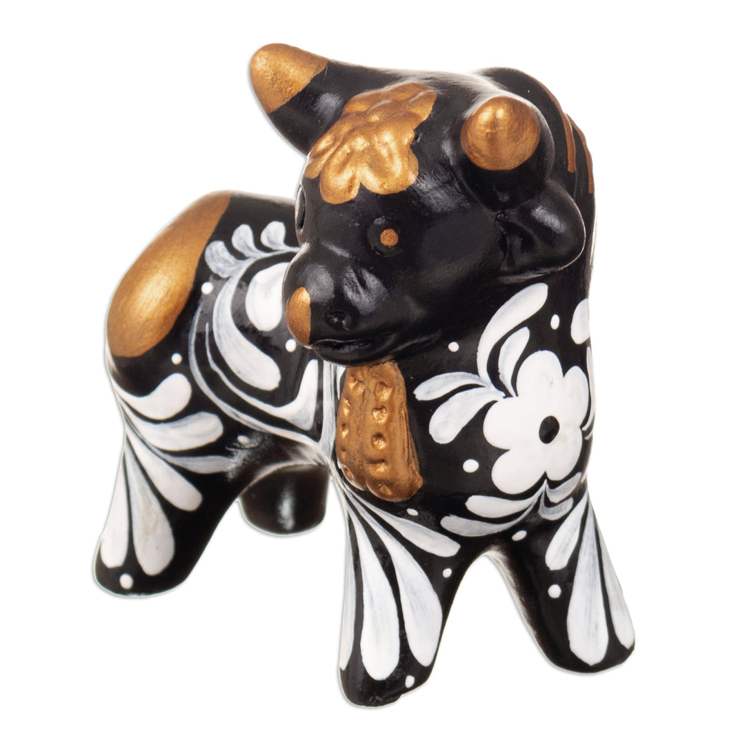 Traditional Andean Handmade Ceramic Bull Sculpture in Black - Black Guardian of Pucará