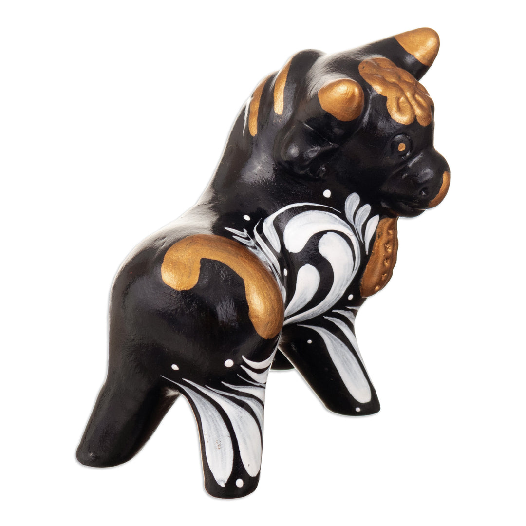 Traditional Andean Handmade Ceramic Bull Sculpture in Black - Black Guardian of Pucará