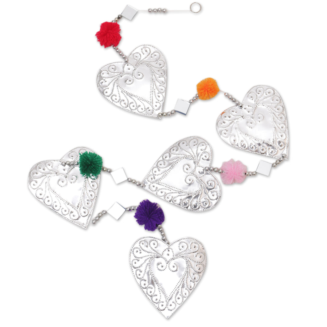Handcrafted Aluminum Heart Garland with Colorful Pompoms - Love Colors