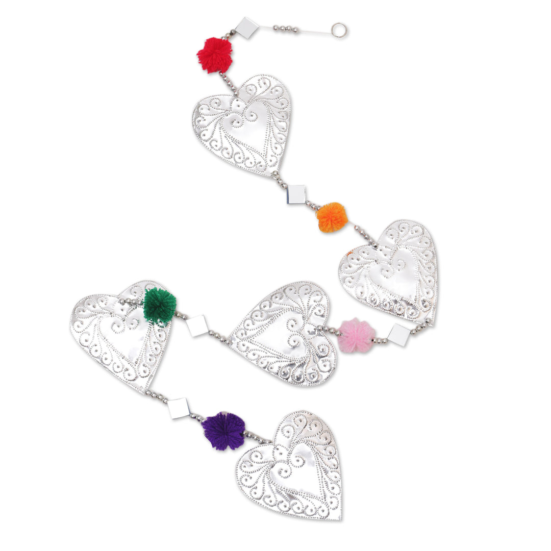 Handcrafted Aluminum Heart Garland with Colorful Pompoms - Love Colors