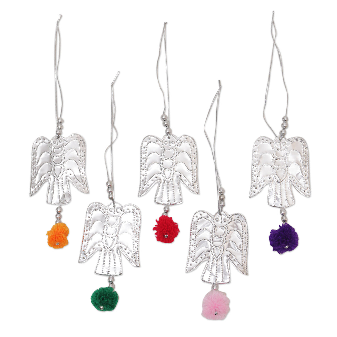 Set of 5 Handcrafted Embossed Angel Ornaments with Pompoms - Angelic Sparkles
