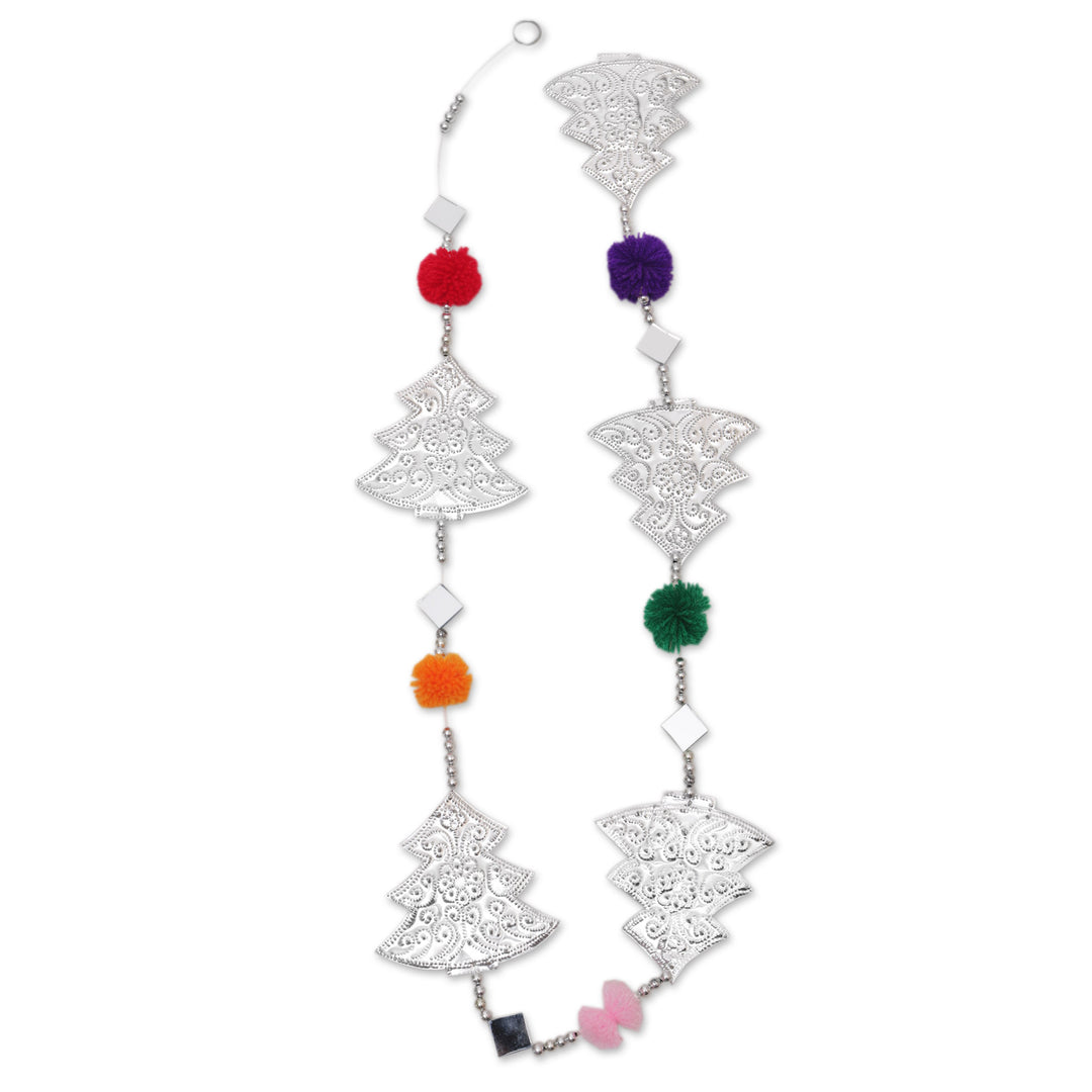 Christmas Tree Aluminum Garland with Glass and Pompoms - Festive Forest
