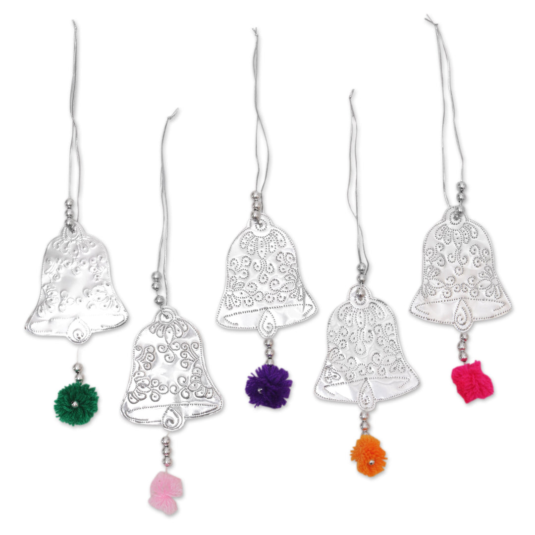 Set of 5 Embossed Aluminum Bell Ornaments from Bali - Celebration Bells