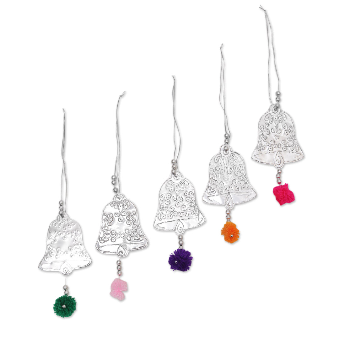 Set of 5 Embossed Aluminum Bell Ornaments from Bali - Celebration Bells