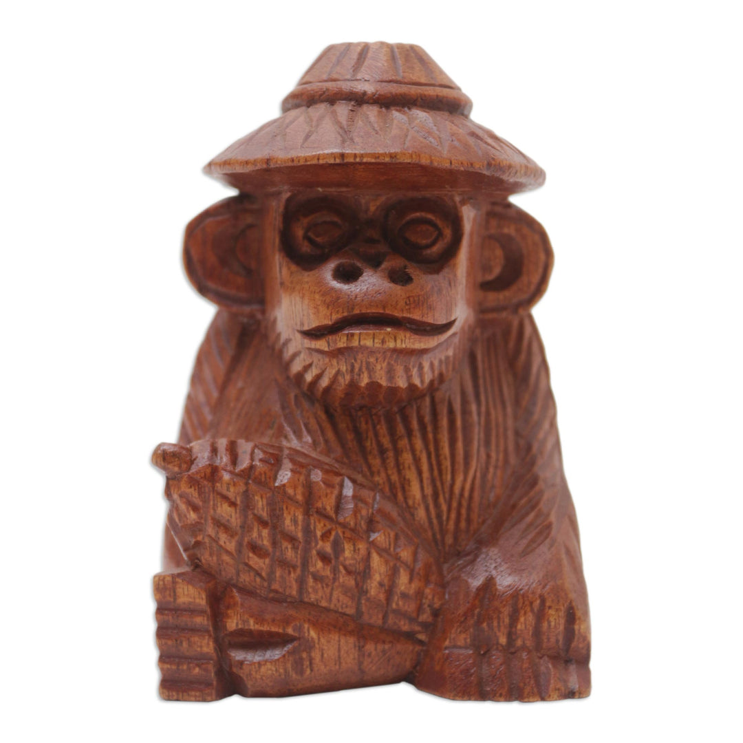 Hand-Carved Jempinis Wood Monkey Statuette with Corn - Prosperity and Cunning