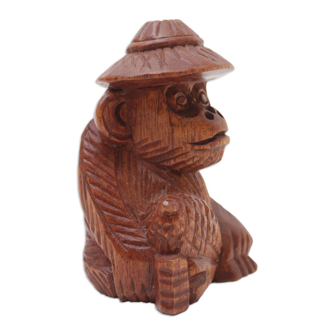 Hand-Carved Jempinis Wood Monkey Statuette with Corn - Prosperity and Cunning